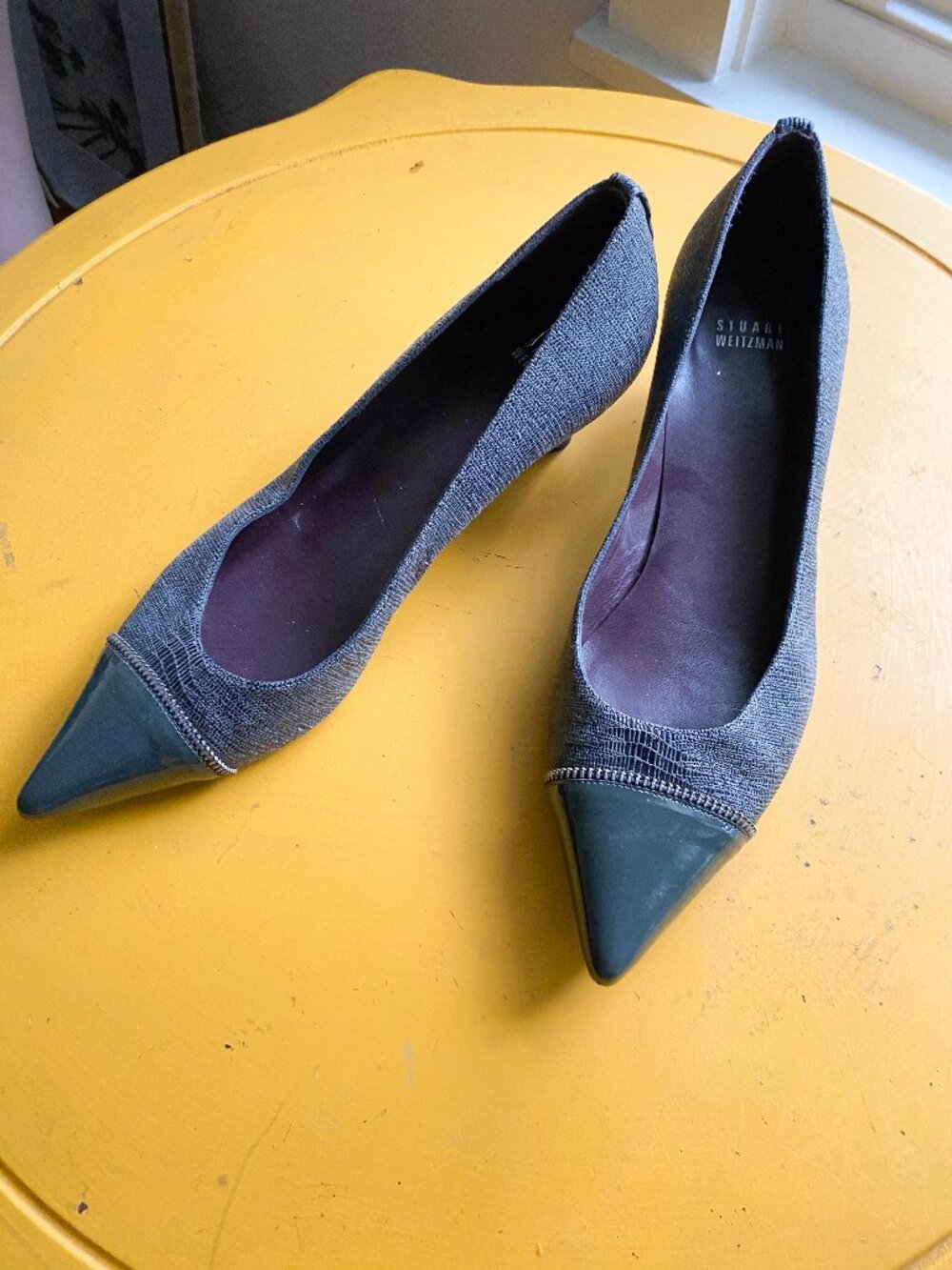 Stuart Weitzman Grey Textured Pointed Toe Zipper Accent Kitten Heels